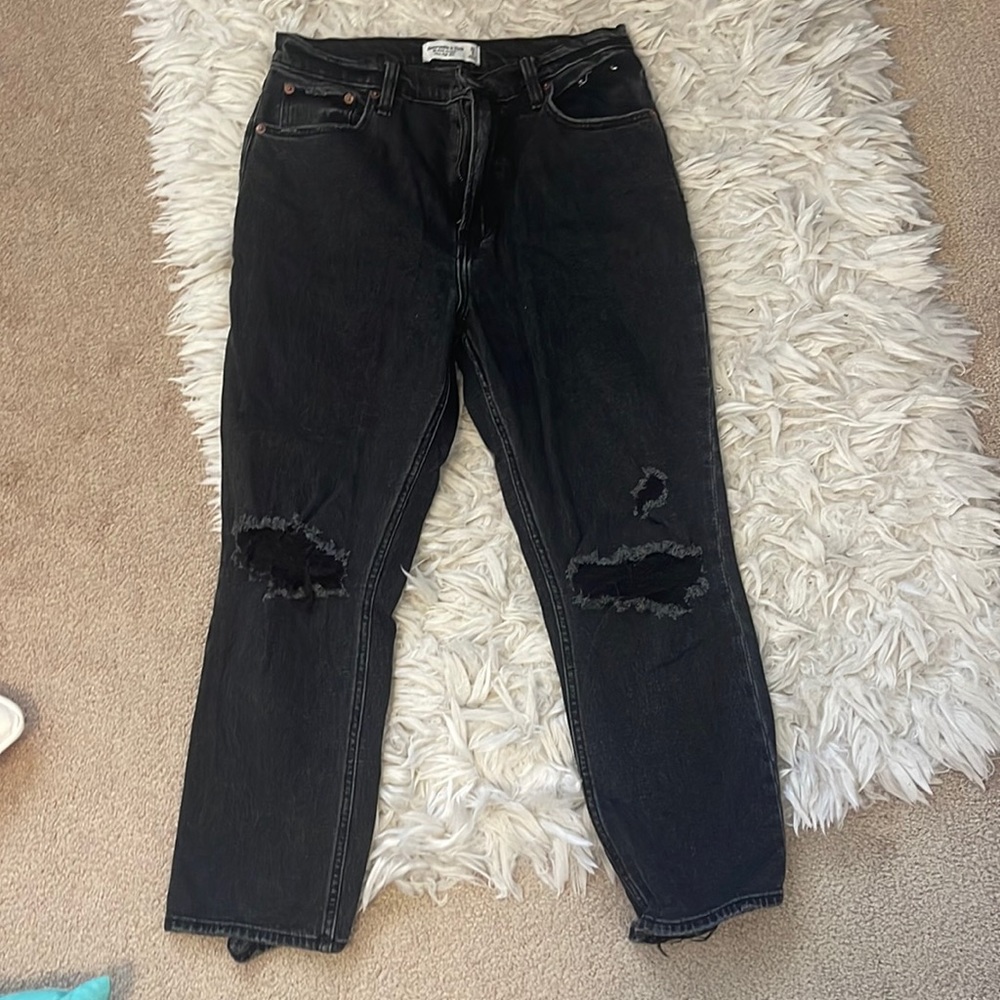 Abercrombie The Ankle Straight Ultra High Rise black ripped jeans